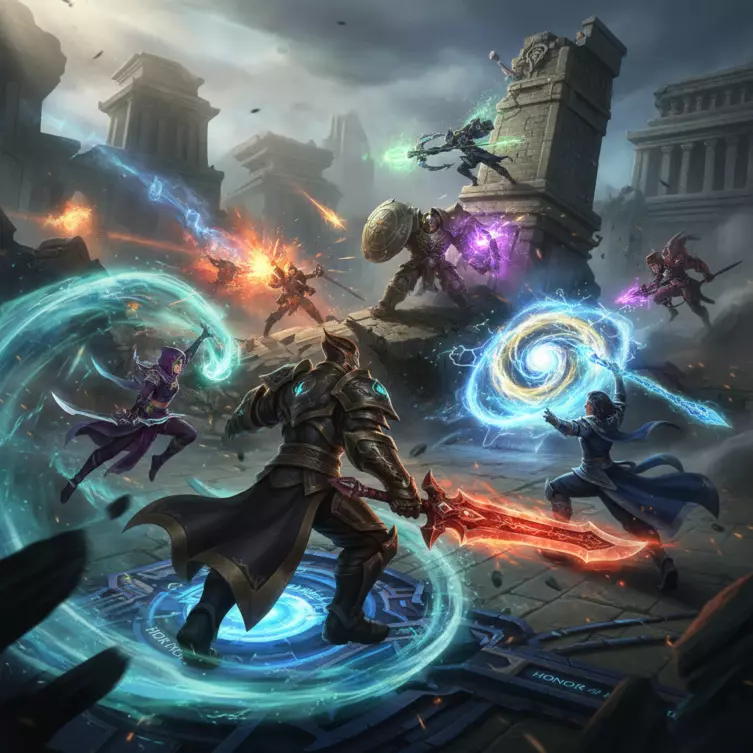 Gameplay compétitif Honor of Kings Capture d'écran d'un combat d'équipe stratégique dans Honor of Kings Esport.