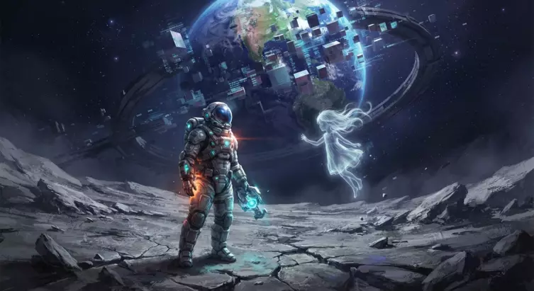 Illustration d'ambiance officielle de Pragmata représentant l'environnement lunaire du jeu.