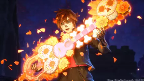 Sora utilise la Keyblade pour glisser sur les bâtiments de Quadratum