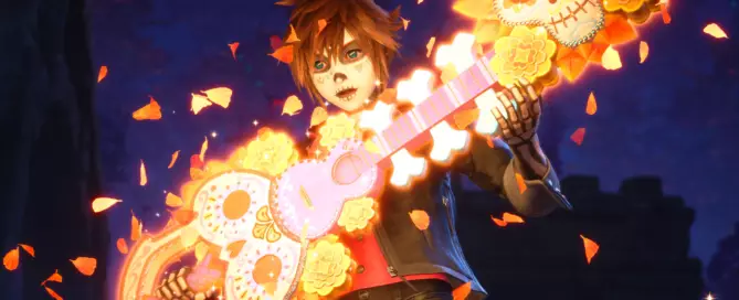 Sora uses the Keyblade to glide across the buildings of Quadratum