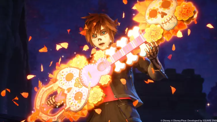 Sora utilise la Keyblade pour glisser sur les bâtiments de Quadratum