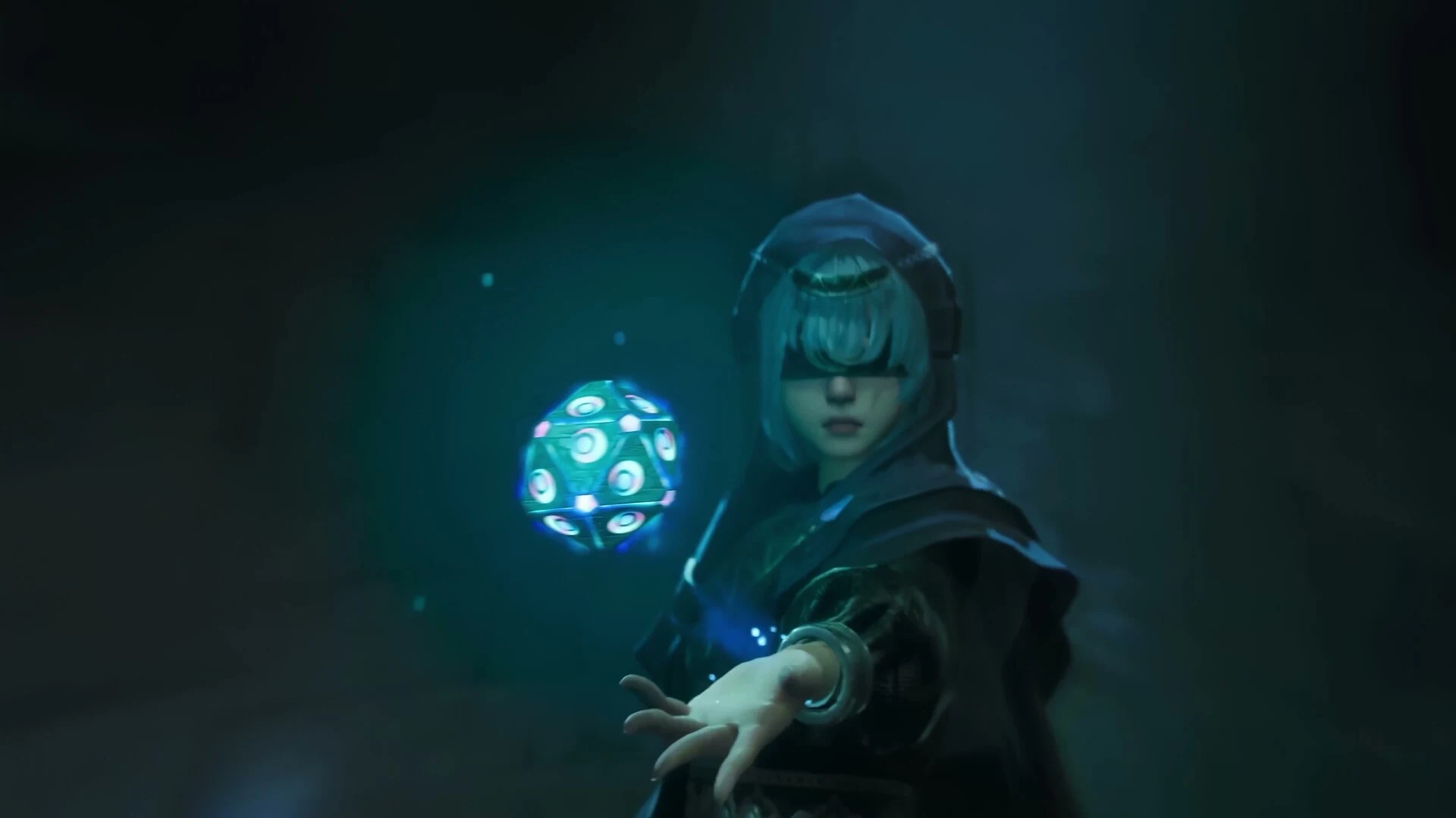 Personnage d'Aniimo dans une scène sombre avec une orbe lumineuse
