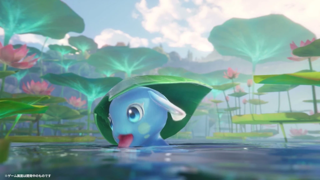 Aquatic Aniimo creature swimming under a leaf in a lotus area