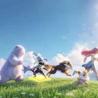 Personnage et plusieurs créatures Aniimo courant dans le monde ouvert d'Idyll