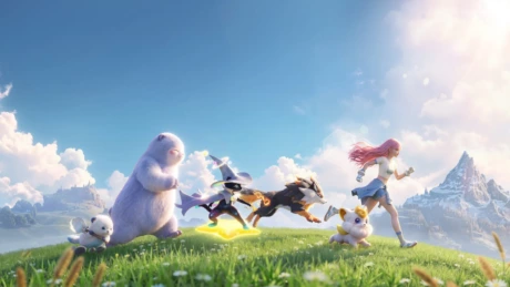 Personnage et plusieurs créatures Aniimo courant dans le monde ouvert d'Idyll