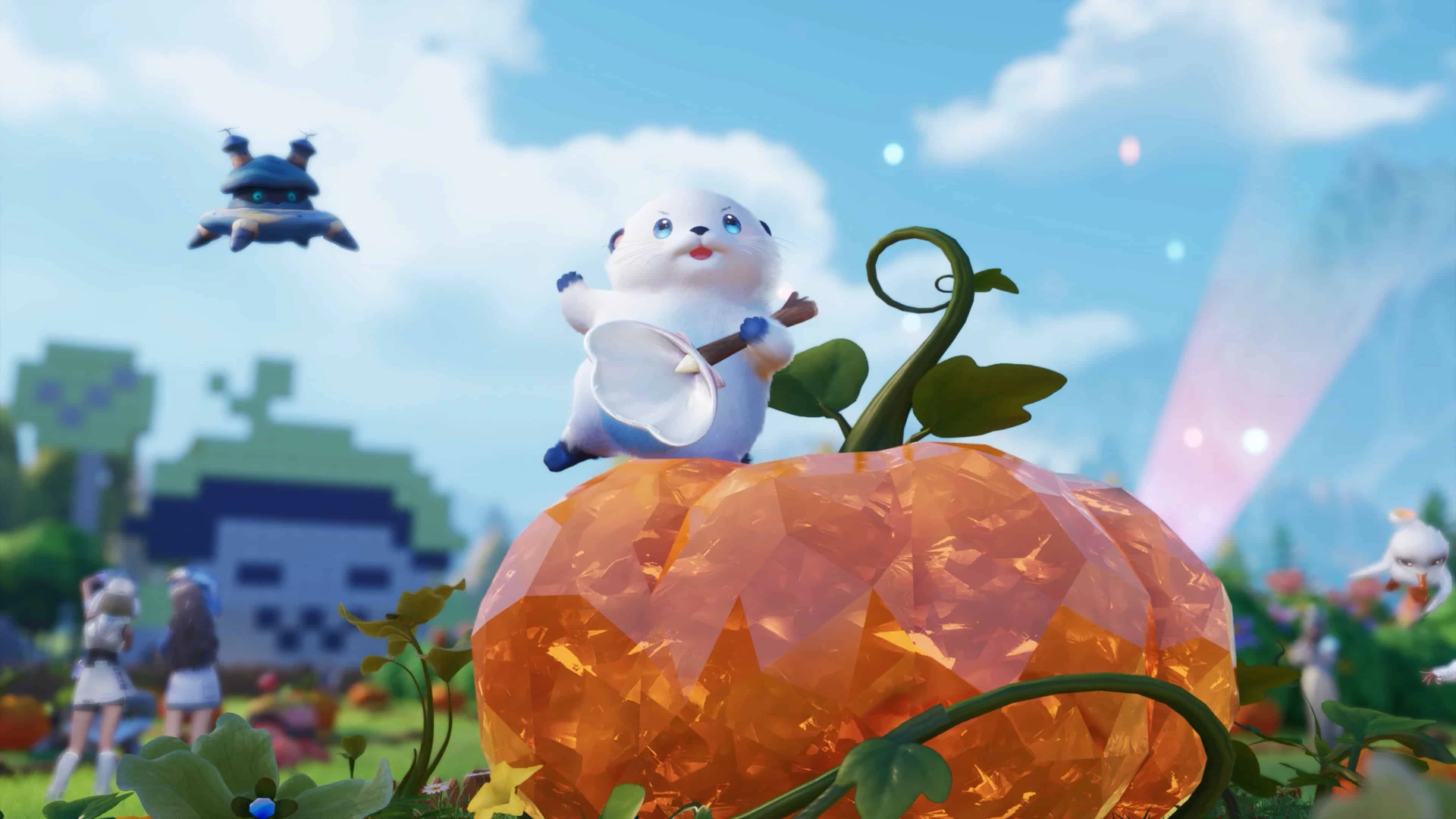 Aniimo blanc tenant un filet sur une grande citrouille translucide, avec des personnages et des créatures en arrière-plan