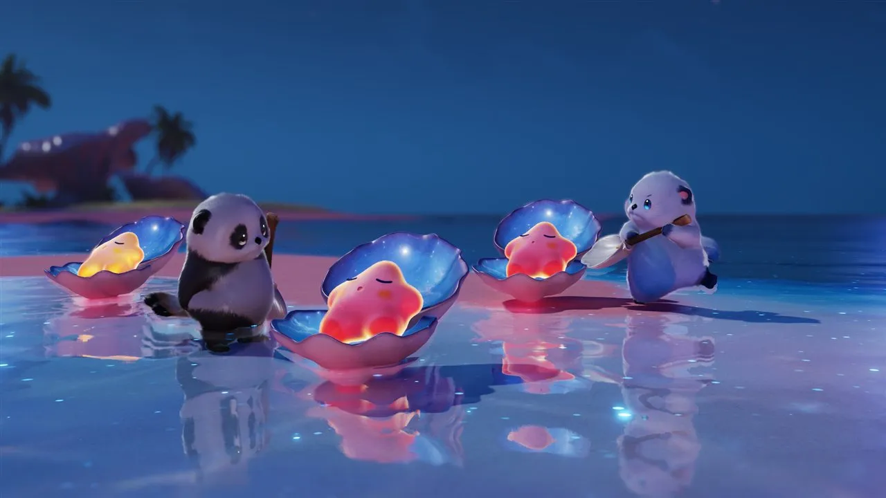 Deux Aniimo ressemblant à des pandas près de trois petites créatures lumineuses dans des coquillages, sur une plage nocturne