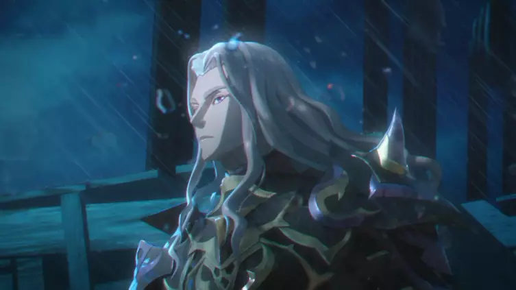 Dietrich en armure sous la pluie dans Fire Emblem Fortune's Weave