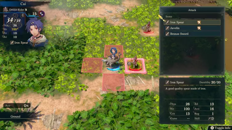 Cai sélectionne une lance sur une carte tactique en forêt dans Fire Emblem Fortune's Weave