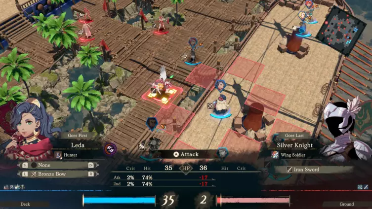 Leda vise un chevalier sur la grille tactique de Fire Emblem Fortune's Weave