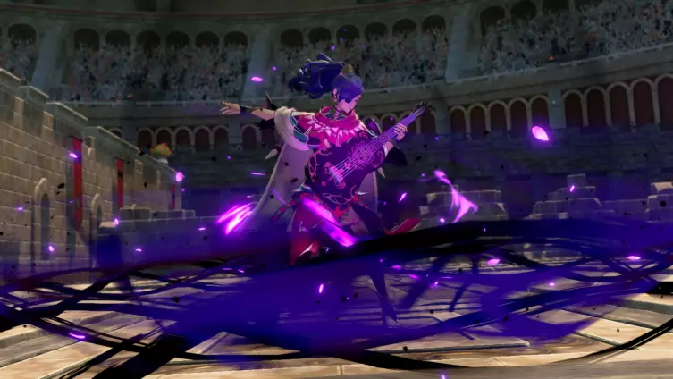 Leda joue d'un instrument entourée d'une énergie violette dans une arène de Fire Emblem Fortune's Weave