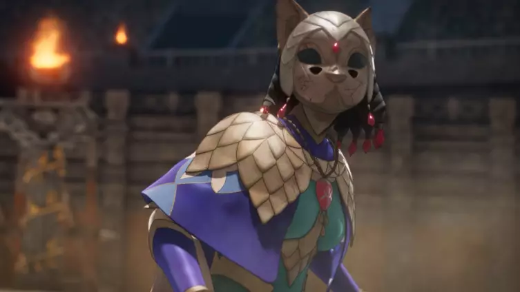 Combattante portant un masque félin dans une arène de Fire Emblem Fortune's Weave