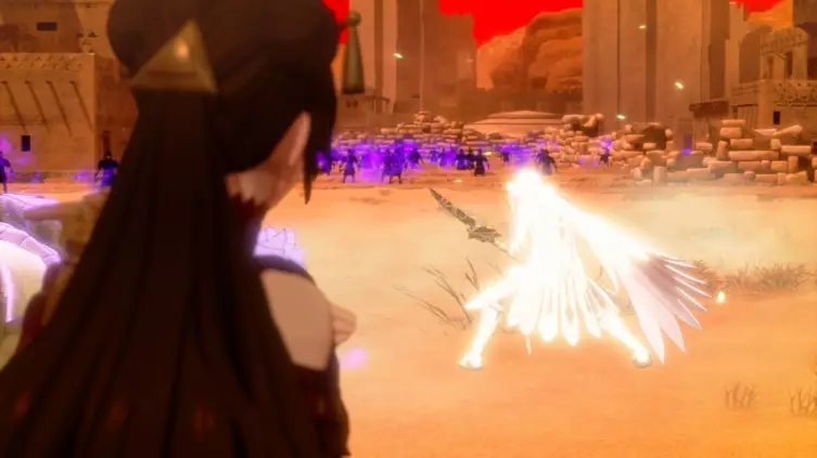 Combattant baigné de lumière face à une armée dans Fire Emblem Fortune's Weave