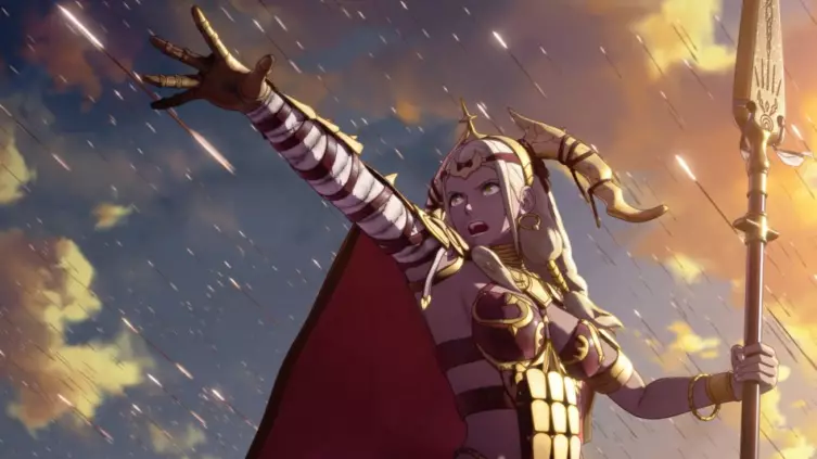 Theodora lève sa lance pendant une scène de Fire Emblem Fortune's Weave