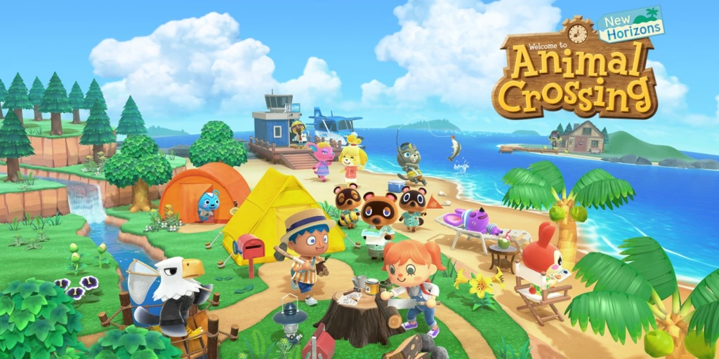 Visuel officiel d'Animal Crossing New Horizons avec les personnages sur une île
