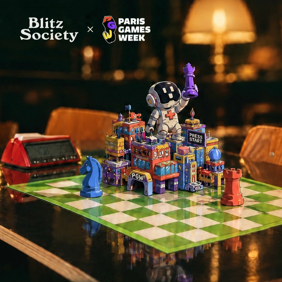 Visuel officiel Blitz Society et Paris Games Week pour le PGW Chess Royal, avec échiquier et pièces d’échecs.