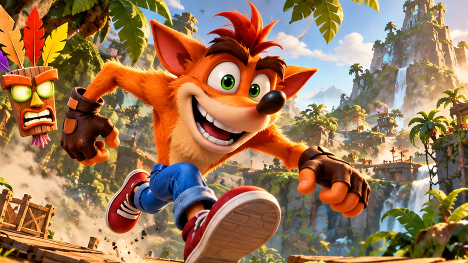 Illustration artistique de Crash Bandicoot dans une jungle inspirée des jeux de plateforme 3D