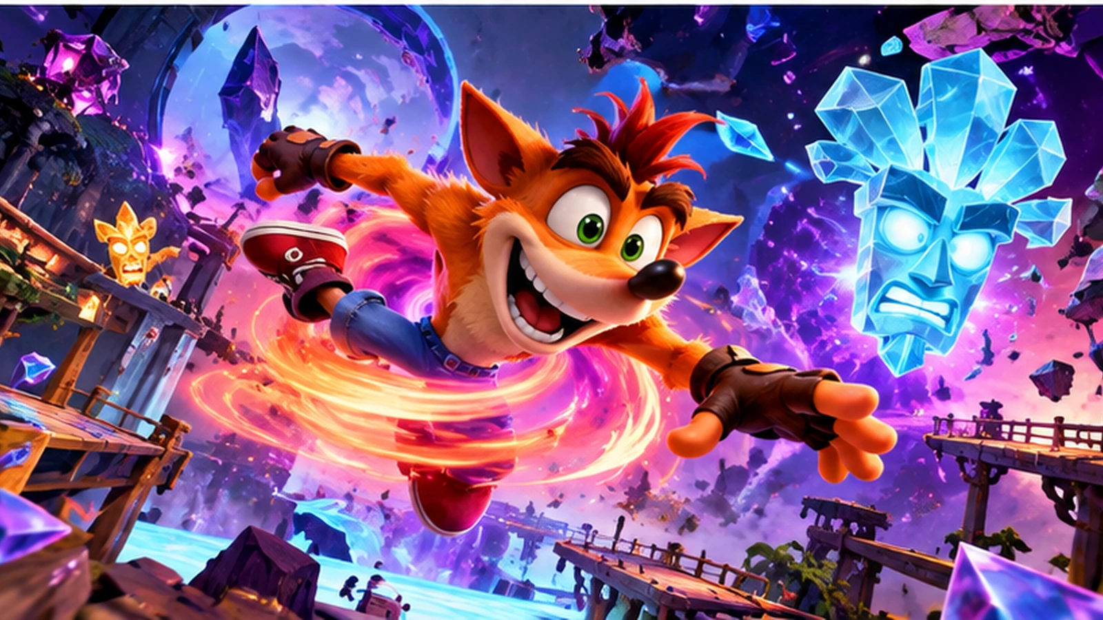 Illustration éditoriale de Crash Bandicoot dans un univers de plateforme 3D fantastique