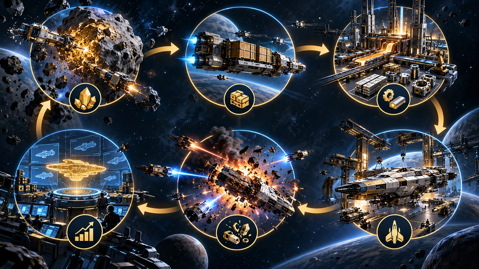Schéma illustratif reliant extraction de minerai, transport, fabrication de vaisseaux, combat et renouvellement de la production