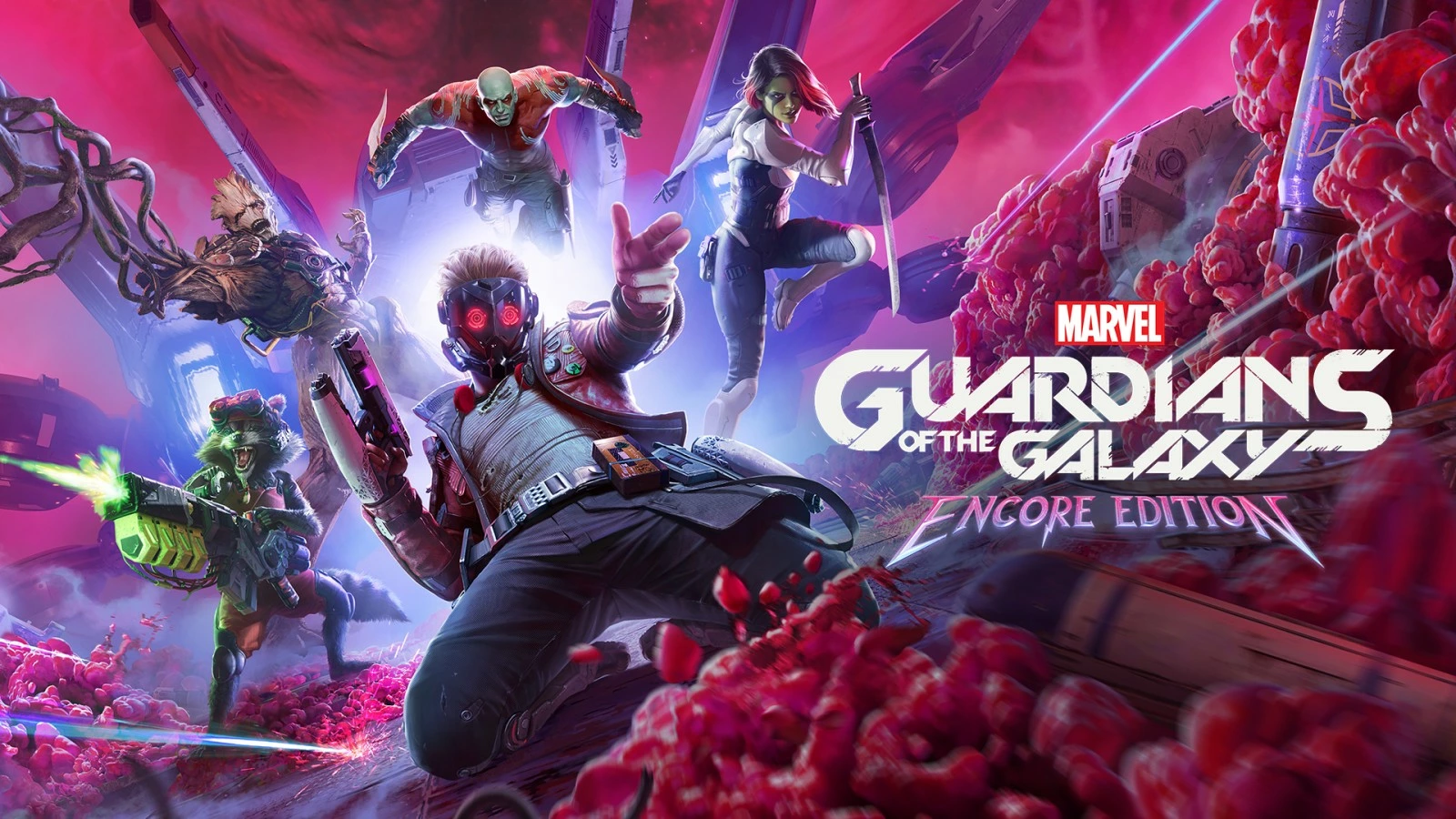 Visuel officiel de Marvel’s Guardians of the Galaxy: Encore Edition avec Star-Lord et les Gardiens réunis dans un décor spatial coloré.