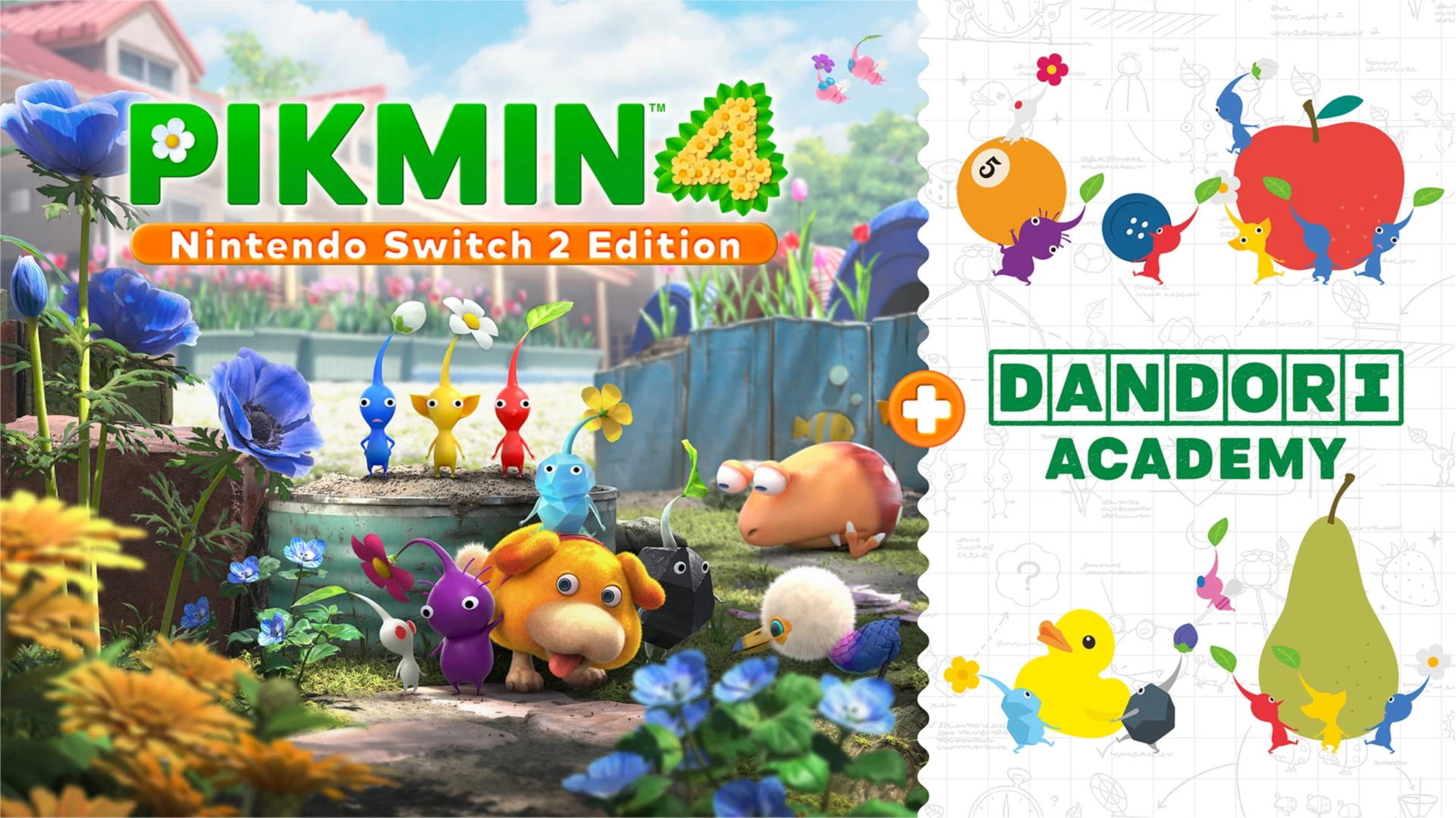 Visuel officiel de Pikmin 4 sur Switch 2 avec les Pikmin et Oatchi, accompagné de l’extension Dandori Academy.
