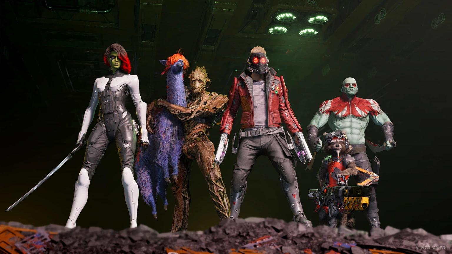 Les six Gardiens alignés : Gamora, Mantis, Groot, Star-Lord, Drax et Rocket.