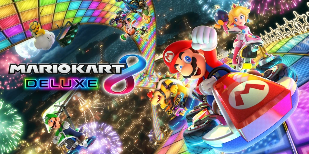 Visuel officiel de Mario Kart 8 Deluxe avec Mario et plusieurs pilotes sur une piste