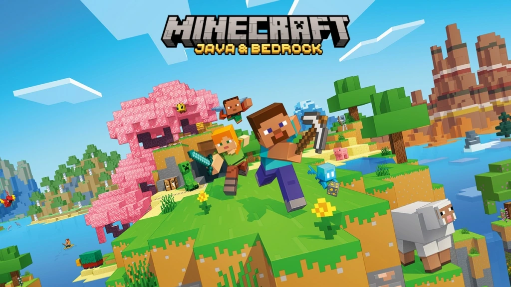Visuel officiel de Minecraft avec Steve, Alex et des créatures du jeu