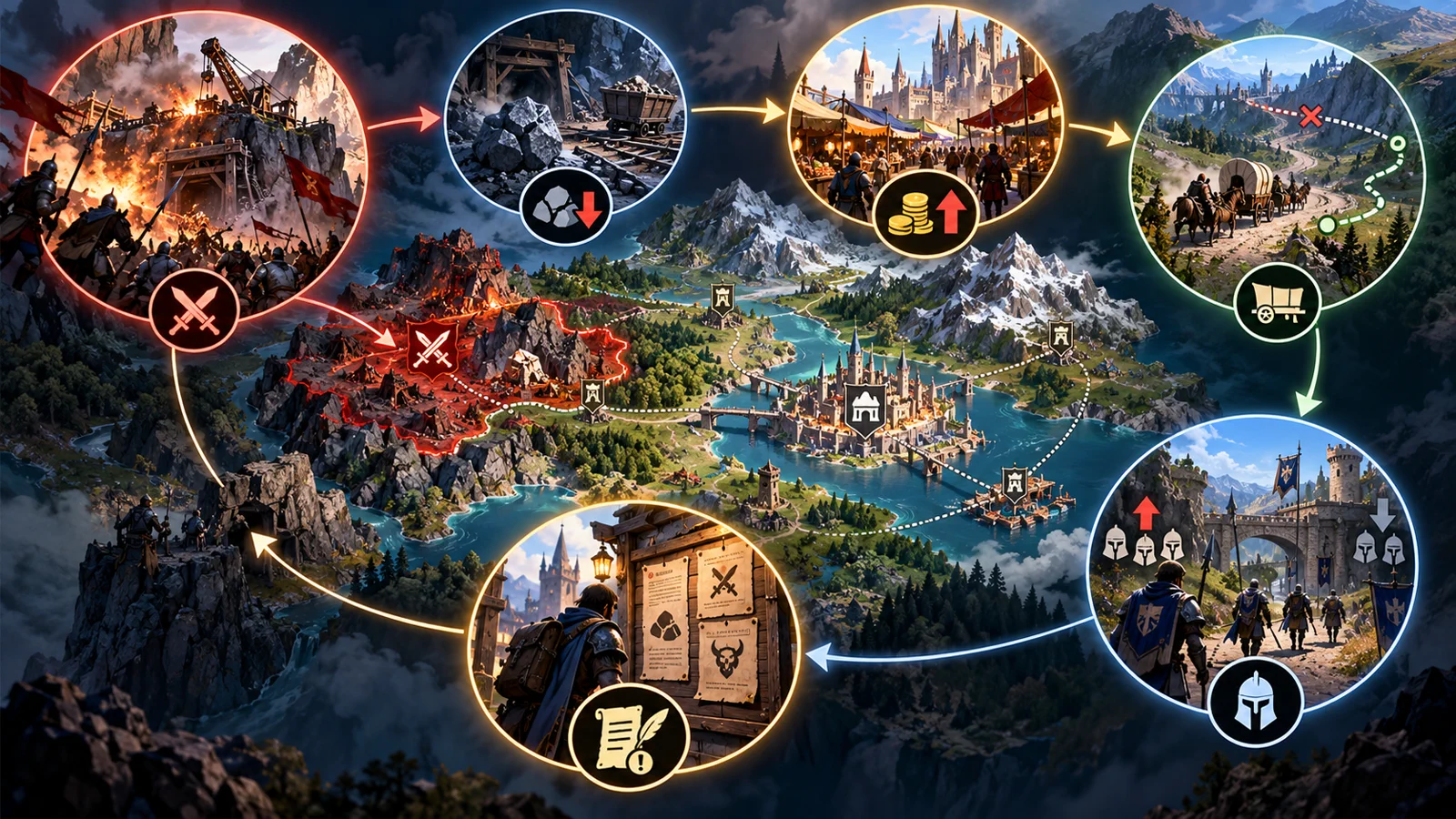 Carte fantasy montrant comment une guerre territoriale peut affecter les ressources, les prix, les routes et les missions