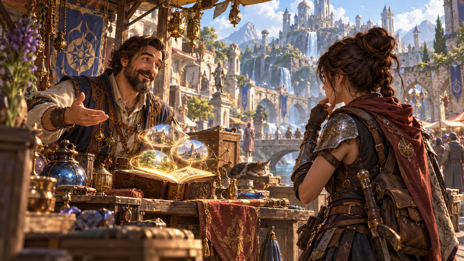 Un PNJ marchand échange avec une joueuse dans une ville de MMORPG fantasy