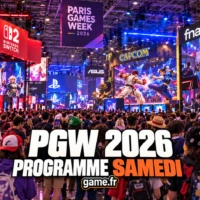 Illustration de la PGW 2026 du samedi, avec des écrans évoquant le cosplay, VALORANT et Street Fighter.