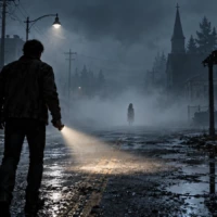 Illustration éditoriale du remake de Silent Hill, signée Game.fr : un homme avance dans une ville noyée de brouillard.