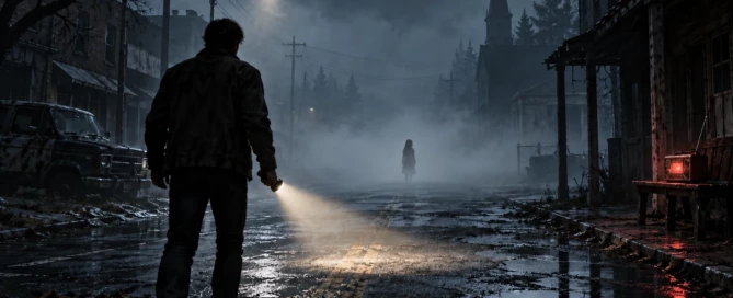 Illustration éditoriale du remake de Silent Hill, signée Game.fr : un homme avance dans une ville noyée de brouillard.