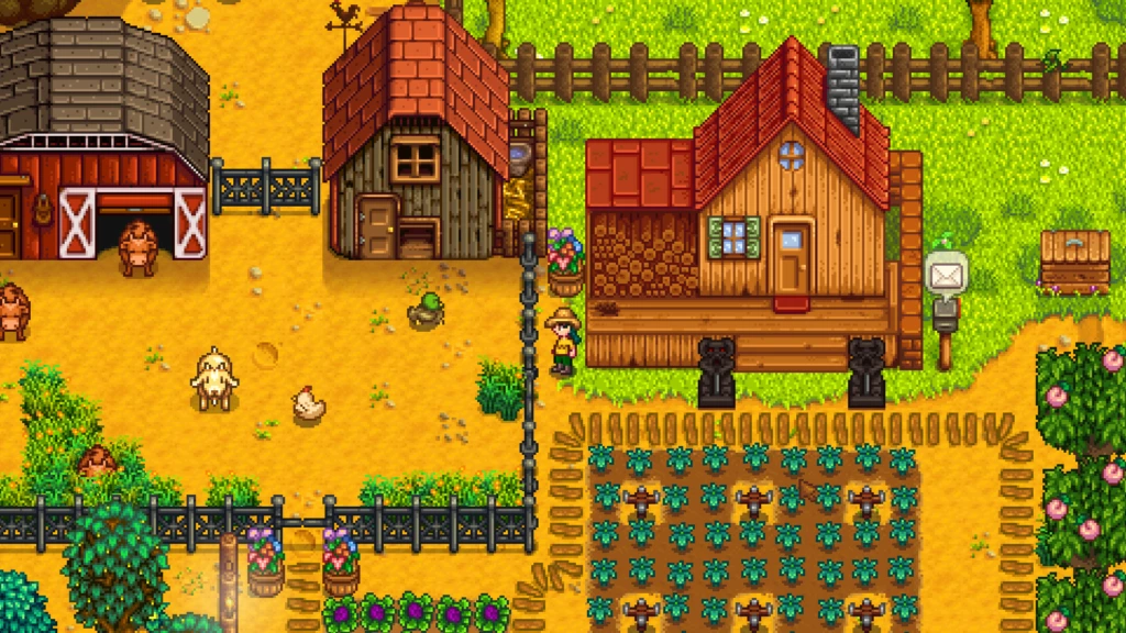Capture officielle de Stardew Valley montrant une ferme en pixel art