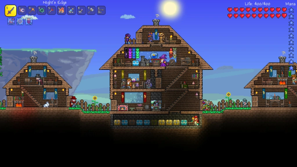 Capture officielle de Terraria montrant l'exploration et la construction en pixel art